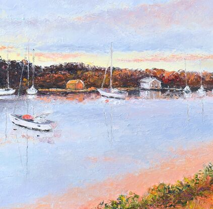 Oil painting of boats on the Clarence River at Yamba (NSW). It is sunset and the clouds are a soft orange