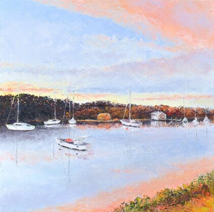 Oil painting of boats on the Clarence River at Yamba (NSW). It is sunset and the clouds are a soft orange