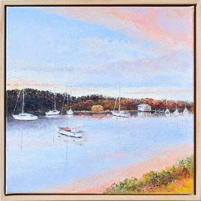 Oil painting of boats on the Clarence River at Yamba (NSW). It is sunset and the clouds are a soft orange