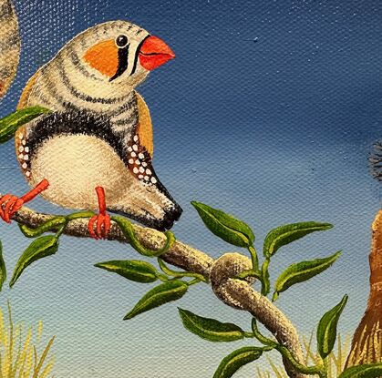 In the foreground are 2 zebra finches on a single branch. The background depicts a waterhole with high barren rocks and grass. It is all set to a background of a dark blue sky.