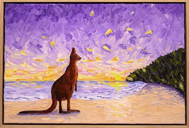 This is a colourful, textured oil painting of an Australian kangaroo, standing on the beach, watching the sunset.