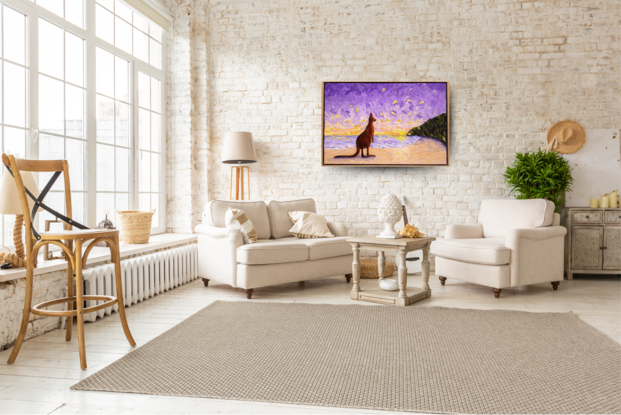 This is a colourful, textured oil painting of an Australian kangaroo, standing on the beach, watching the sunset.