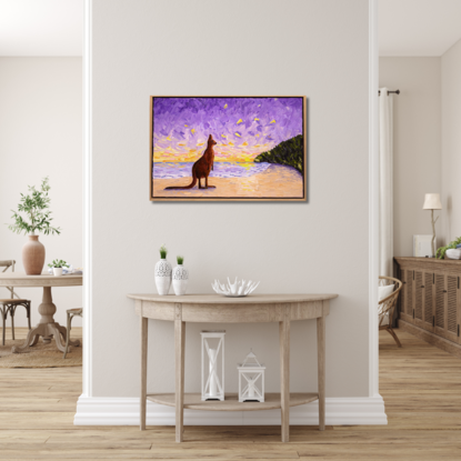 This is a colourful, textured oil painting of an Australian kangaroo, standing on the beach, watching the sunset.