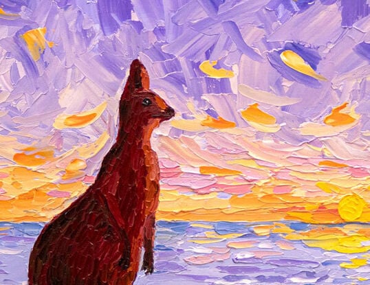 This is a colourful, textured oil painting of an Australian kangaroo, standing on the beach, watching the sunset.