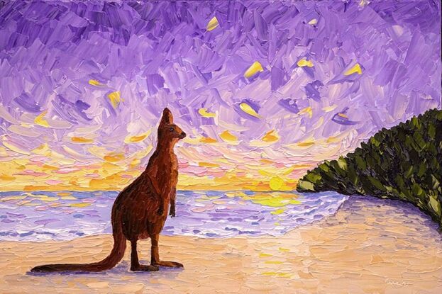 This is a colourful, textured oil painting of an Australian kangaroo, standing on the beach, watching the sunset.