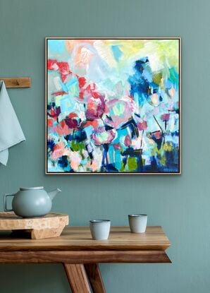 Square canvas, Modern floral in orange, peach, greens and earthy tones on a blue and yellow coloured background with textural paint and brushstrokes.