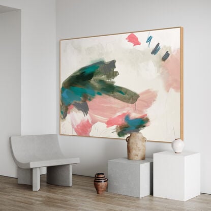 Subtle tones in green, pink, white, grey, beige and neutral tones combined with large expressive pencil and paint marks, across the canvas surface. 