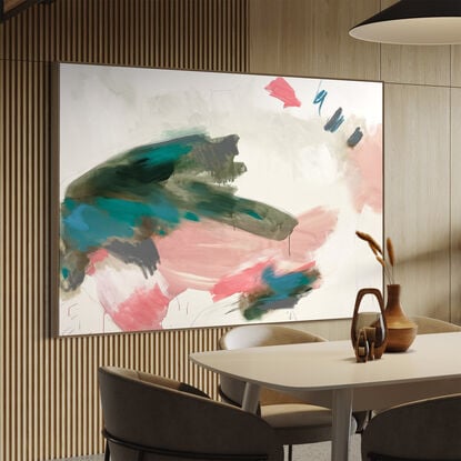 Subtle tones in green, pink, white, grey, beige and neutral tones combined with large expressive pencil and paint marks, across the canvas surface. 