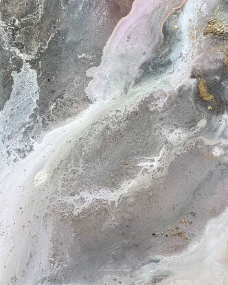 This artwork features an abstract composition with a mix of muted tones, predominantly soft grays, whites, and subtle hints of pink and mauve. There are patches of gold leaf that add a touch of metallic texture and depth to the piece. The overall effect is reminiscent of a dreamy, ethereal landscape, possibly evoking the feel of swirling clouds or a misty, mountainous terrain. 

