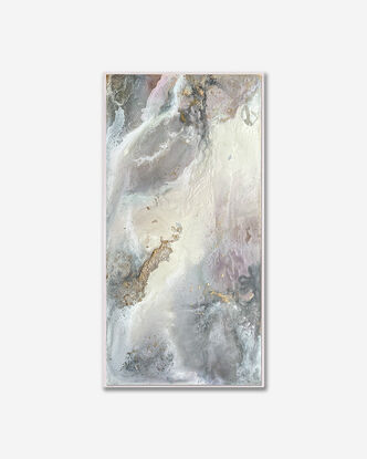 This artwork features an abstract composition with a mix of muted tones, predominantly soft grays, whites, and subtle hints of pink and mauve. There are patches of gold leaf that add a touch of metallic texture and depth to the piece. The overall effect is reminiscent of a dreamy, ethereal landscape, possibly evoking the feel of swirling clouds or a misty, mountainous terrain. 

