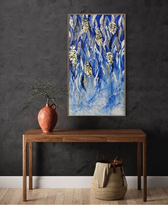 An abstract of Banksia flowers and leaves in delft blue and white with gold leaf.  