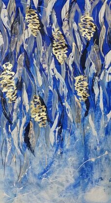 An abstract of Banksia flowers and leaves in delft blue and white with gold leaf.  