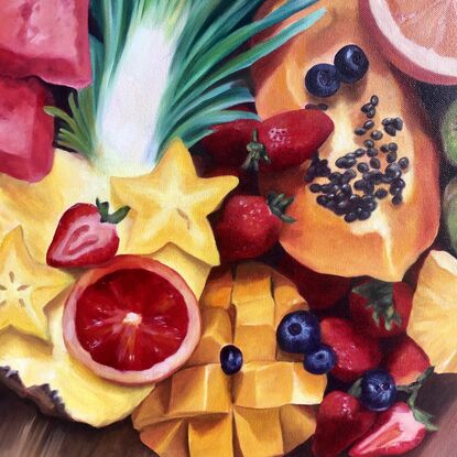 Fruit on a wooden platter.