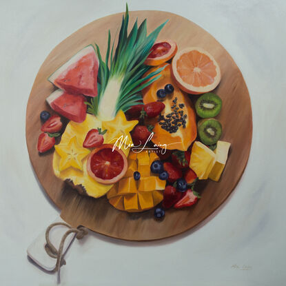 Fruit on a wooden platter.