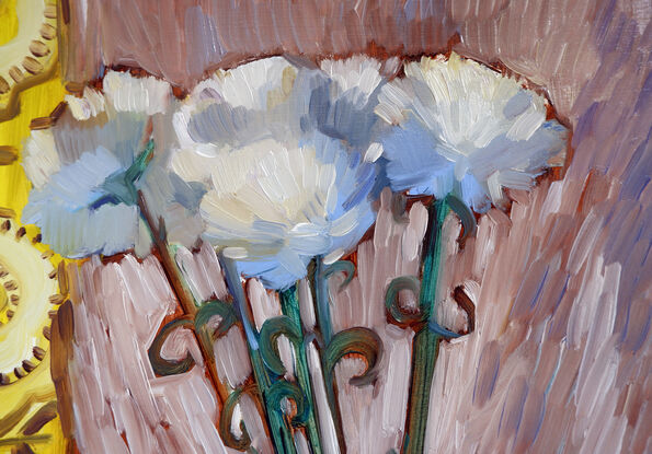 Five white carnations in the blue vase against patterned background