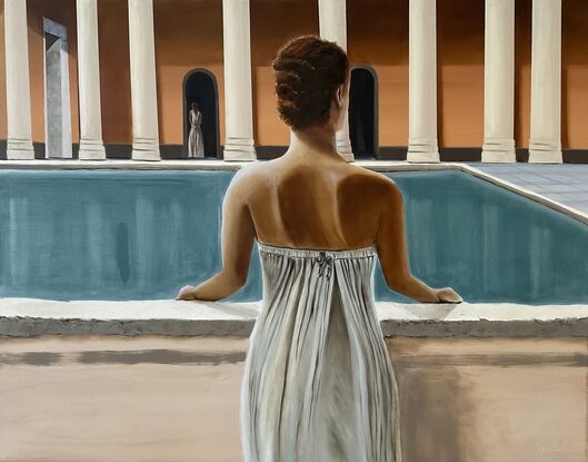 Female looking at the Roman bath