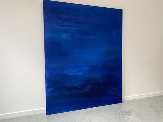 large all over minimalist abstract  on linen in layers and depths of blue 