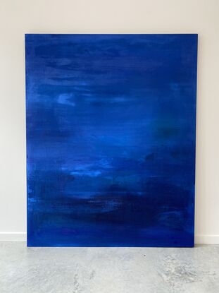 large all over minimalist abstract  on linen in layers and depths of blue 