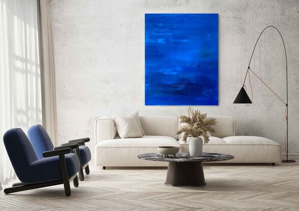 large all over minimalist abstract  on linen in layers and depths of blue 