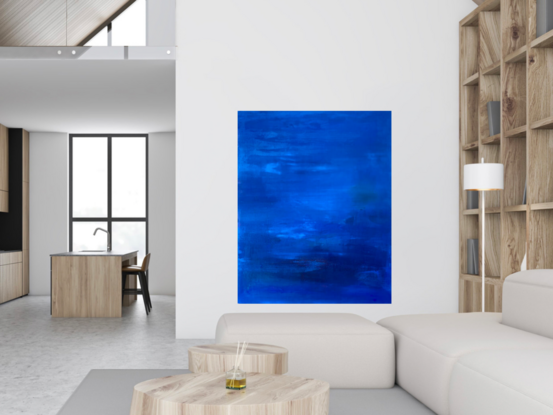 large all over minimalist abstract  on linen in layers and depths of blue 