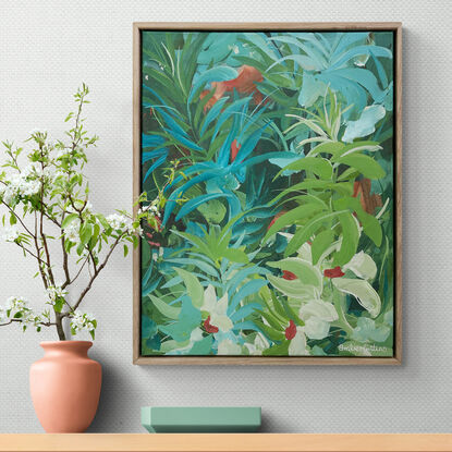 small green and blue abstract landscape painting of tropical leaves in a lush rainforest setting