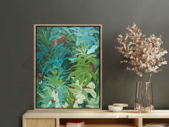 small green and blue abstract landscape painting of tropical leaves in a lush rainforest setting