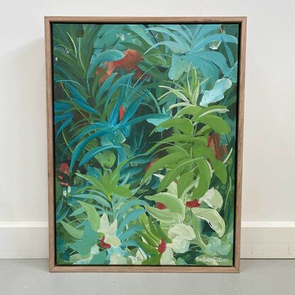 small green and blue abstract landscape painting of tropical leaves in a lush rainforest setting