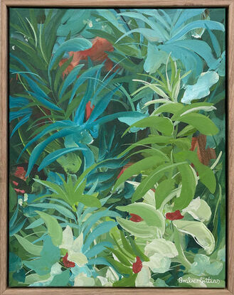 small green and blue abstract landscape painting of tropical leaves in a lush rainforest setting