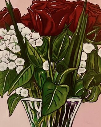 Beautiful red roses with a spray of small white flowers and bright green leaves standing tall in a crystal vase. This is painted in a popart:cartoon style with bright colours and bold outlines to create an atmosphere full  of love and happiness. 