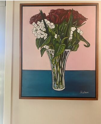 Beautiful red roses with a spray of small white flowers and bright green leaves standing tall in a crystal vase. This is painted in a popart:cartoon style with bright colours and bold outlines to create an atmosphere full  of love and happiness. 