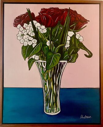 Beautiful red roses with a spray of small white flowers and bright green leaves standing tall in a crystal vase. This is painted in a popart:cartoon style with bright colours and bold outlines to create an atmosphere full  of love and happiness. 