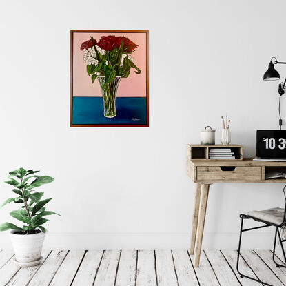 Beautiful red roses with a spray of small white flowers and bright green leaves standing tall in a crystal vase. This is painted in a popart:cartoon style with bright colours and bold outlines to create an atmosphere full  of love and happiness. 