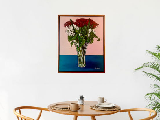 Beautiful red roses with a spray of small white flowers and bright green leaves standing tall in a crystal vase. This is painted in a popart:cartoon style with bright colours and bold outlines to create an atmosphere full  of love and happiness. 