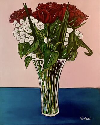 Beautiful red roses with a spray of small white flowers and bright green leaves standing tall in a crystal vase. This is painted in a popart:cartoon style with bright colours and bold outlines to create an atmosphere full  of love and happiness. 