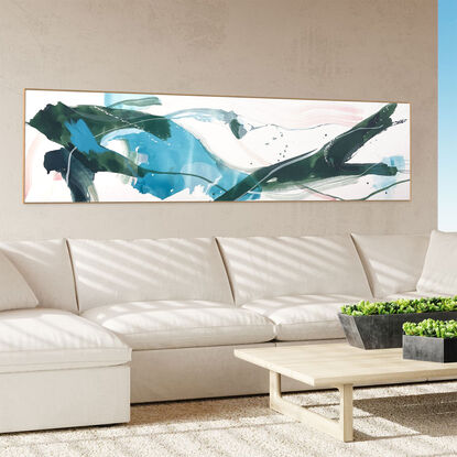 expressive marks in light blue and dark green with areas of white, grey and blush pink across a large canvas