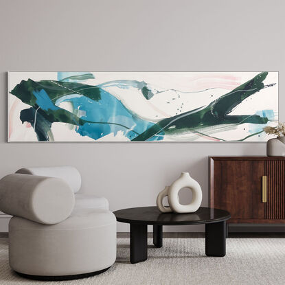 expressive marks in light blue and dark green with areas of white, grey and blush pink across a large canvas