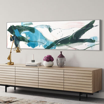 expressive marks in light blue and dark green with areas of white, grey and blush pink across a large canvas