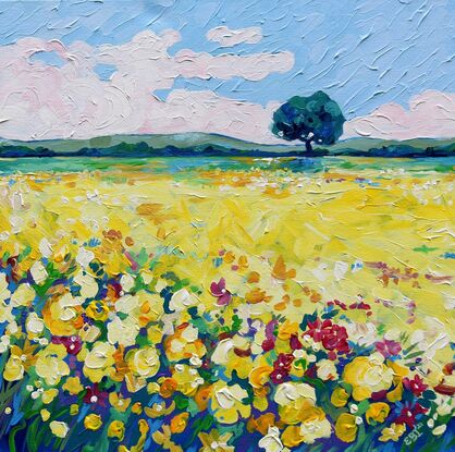 impressionist painting field of yellow flowers.