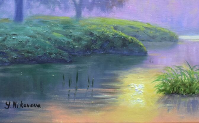 Landscape painting with sunrise over the river bank and birds dancing in the morning sky