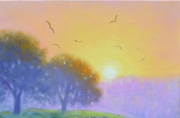 Landscape painting with sunrise over the river bank and birds dancing in the morning sky