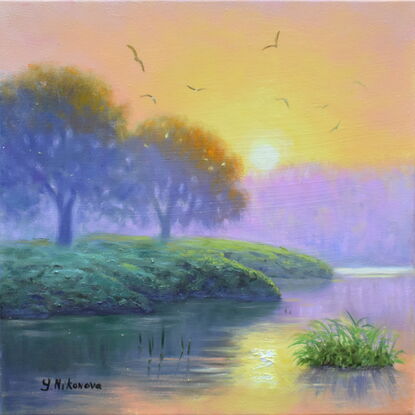 Landscape painting with sunrise over the river bank and birds dancing in the morning sky