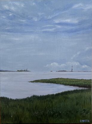 A view of the marshland, grass,  water and sky at the Waterfront Park in Charleston, South Carolina, USA.