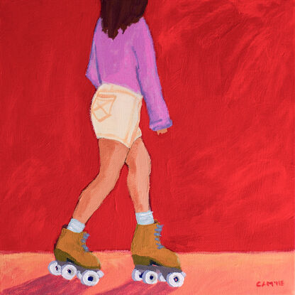 A bright red background surrounds a woman standing in roller skates. She is viewed from the side, rolling from left towards the right.