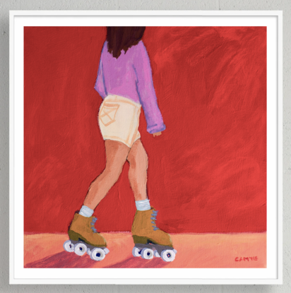 A bright red background surrounds a woman standing in roller skates. She is viewed from the side, rolling from left towards the right.