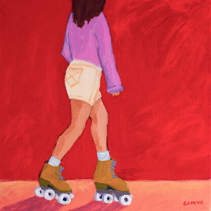 A bright red background surrounds a woman standing in roller skates. She is viewed from the side, rolling from left towards the right.