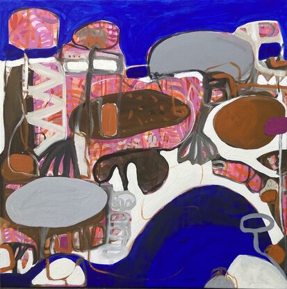 Large shapes in blue, white, brown and a touch of pink bringing an abstract scene into formation 