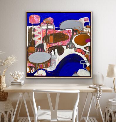 Large shapes in blue, white, brown and a touch of pink bringing an abstract scene into formation 