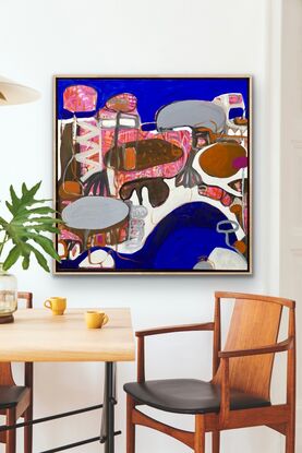 Large shapes in blue, white, brown and a touch of pink bringing an abstract scene into formation 