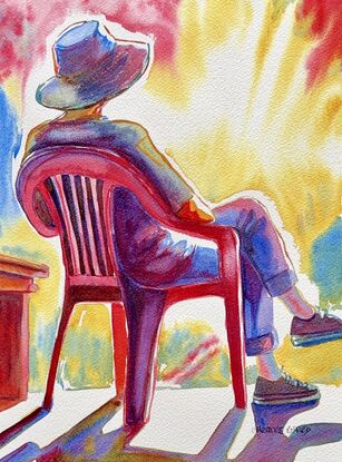 "Contemplative Sunlight" by Christine Beard captures a quiet moment of solitude and reflection. This watercolor painting depicts a figure seated outdoors, basking in the warm embrace of the sun. The vibrant colors and expressive brushstrokes bring to life the gentle play of sunlight and shadow, highlighting the peaceful ambiance of the scene. The simplicity of the setting, combined with the figure's relaxed posture, evokes a sense of calm and introspection, making this artwork a beautiful reminder of the tranquil moments that bring clarity and peace to our lives.