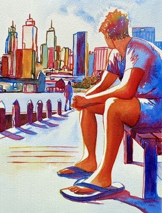 "Cityscape Contemplation" by Christine Beard captures a serene moment of reflection as a figure gazes upon a vibrant city skyline. The watercolor painting is rich with warm hues that bring the urban landscape to life, highlighting the architectural beauty and dynamic energy of the city. The figure, seated thoughtfully, contrasts with the bustling background, creating a striking juxtaposition between personal stillness and the ever-moving city. This artwork is a perfect representation of modern life, where moments of solitude are found amidst the urban hustle. Ideal for those who appreciate the intersection of contemporary cityscapes and contemplative art.





